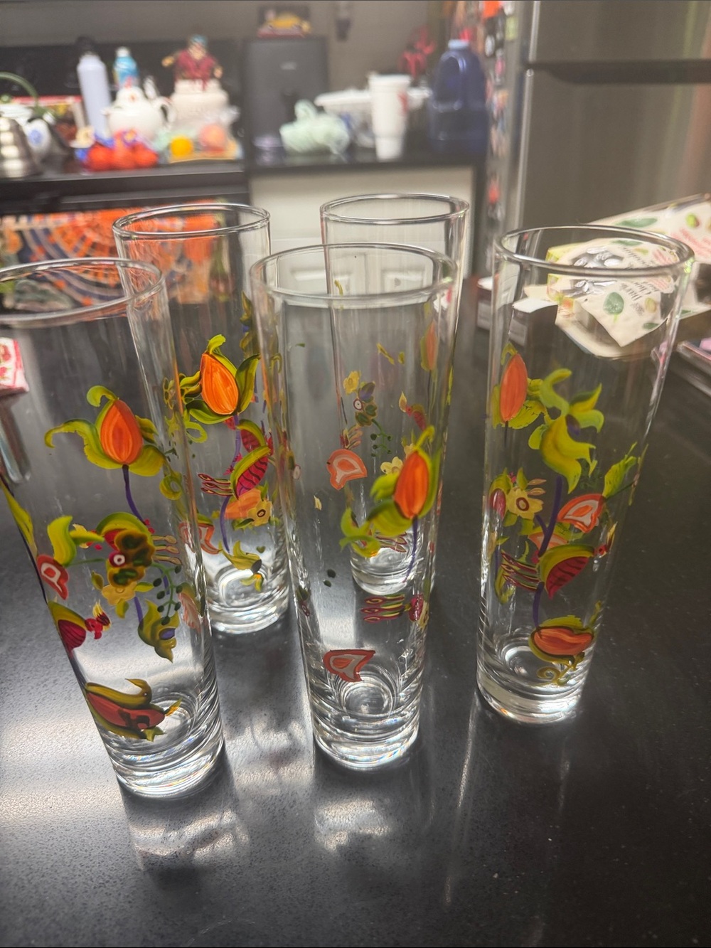 Hand-Painted Floral Tall Glasses - Orange and Green (Set of 6)